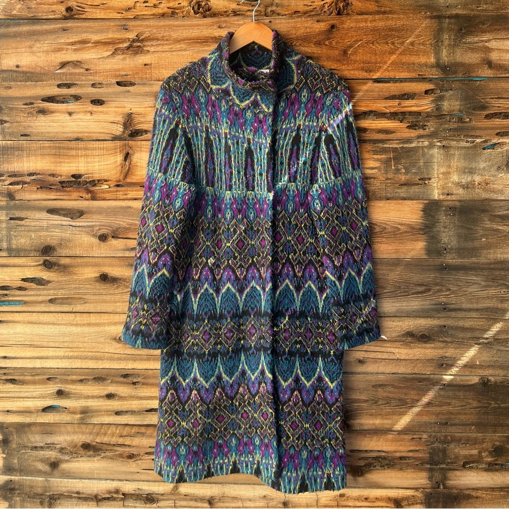 DIANE VON FURSTENBERG | Patterned 100% Wool Blend Long Coat in Teal Purple M
